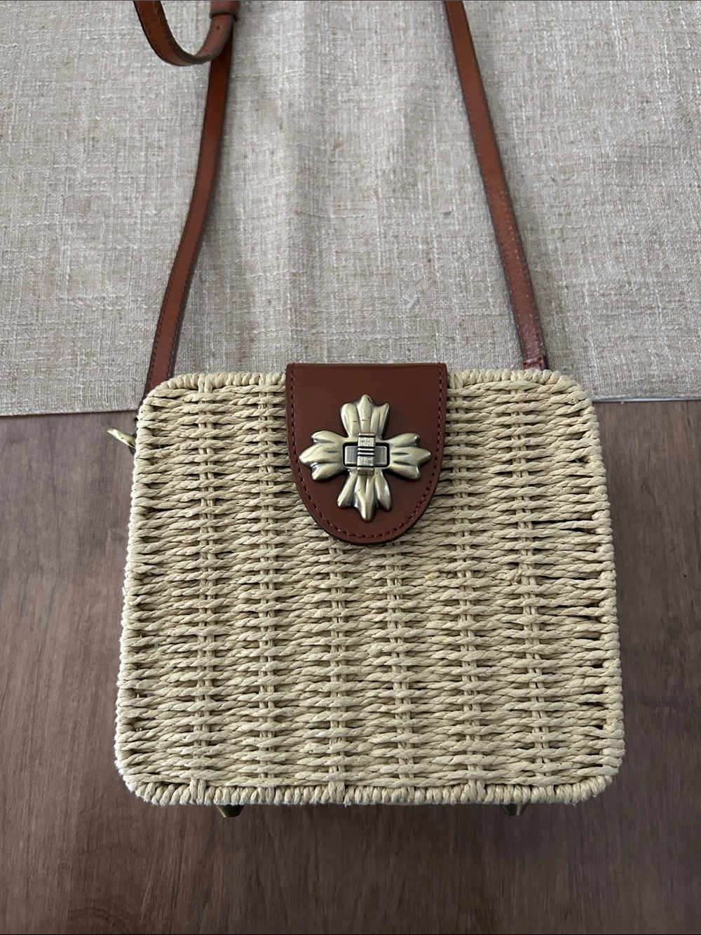 Patricia Nash Woven Straw Crossbody Bag with Brown Leather Trim